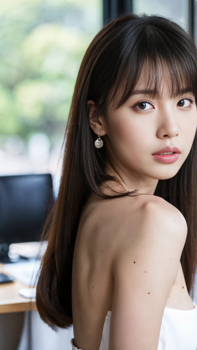 (top-quality, 16K, masterpiece:1.3), (ultra detailed), (masterpiece), (best quality), Highest quality, Realistic, Surreal, Highest quality, Extremely detailed CG, Very delicate, 16K wallpaper, High resolution, BREAK ((Silky hair)), (japanese long side bangs:1.4), ((ponytail hairstyle)), ((asymmetrical bangs)), (a woman in a management position at a prestigious company), ((solo)), ((8 heads tall)), ((3)), BREAK ((upper body:1.4)), ((look into the viewer's eyes:1.4)), ((looking at viewer:1.4)), ((Front view:1.4)), ((from front:1.4)), BREAK short arms, ((small eyes)), fleeting atmosphere, ((thin eyebrows:1.4)), ((thin lips:1.4)), (embarrassed, blush), ((orgasm:1.4)), ((ecstasy:1.4)), (slut:1.2), (fucked silly:1.2), ((mole, beauty mark:1.3)), BREAK (very beautiful woman), ((UNTITLED business suit:1.2)), ((Very simple necklace)), ((earrings)), ((With a large window Japanese office)), ((Working at desk:1.4)), Japanese, slender body, very detailed, detailed fingers, detailed hands, detailed eyes, detailed legs, accurate and perfect human anatomy, real human skin,