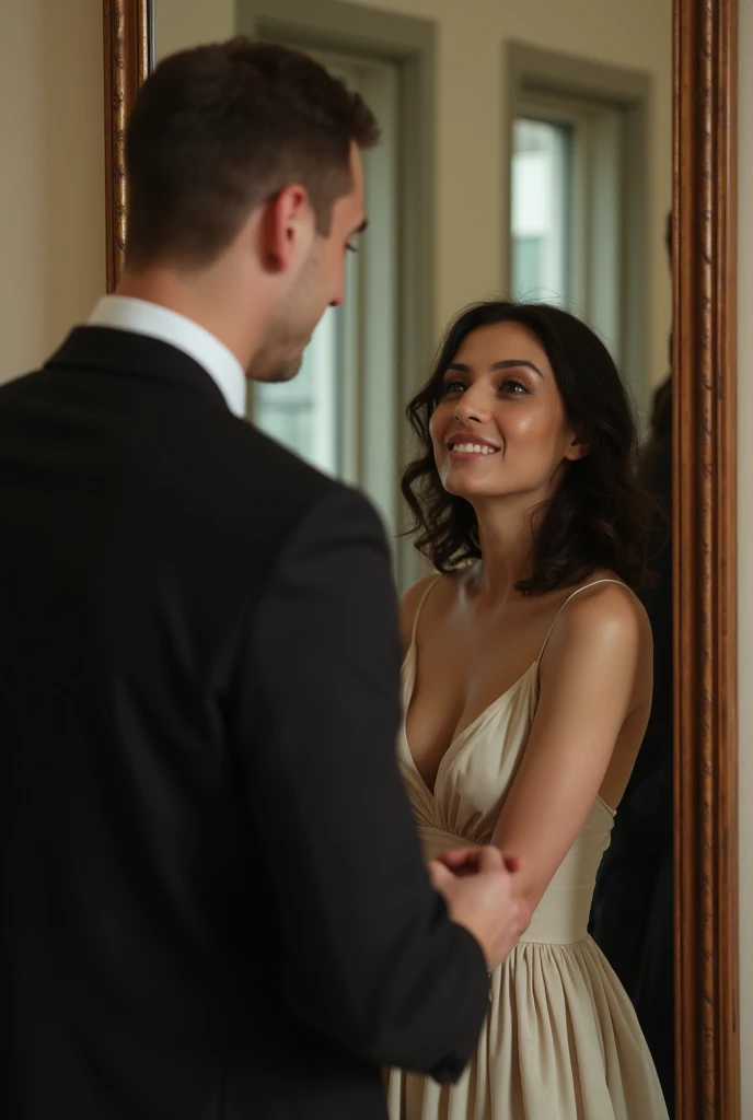 Create a vertical photo of a couple in the mirror, where the man admires his girlfriend, who is wearing a long dress, the woman with medium breasts and the man who is tall in a suit, that both look at the mirror