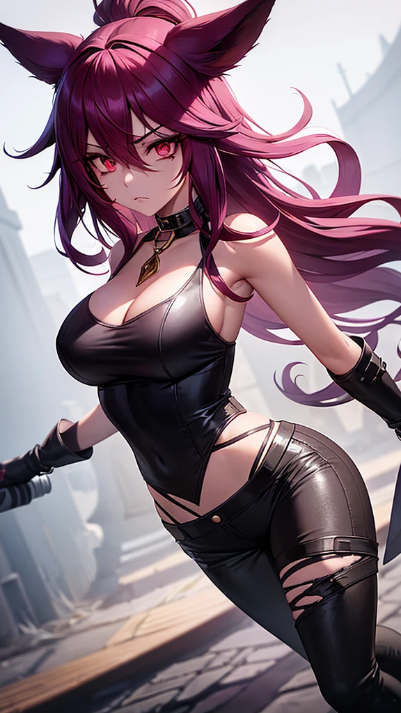 Xayah from League of Legends wearing a white sleeveless shirt, jeans negros, black gothic boots, biker gloves and a black choker around her neck, long magenta hair, gold eyes, Long magenta fox ears in anime style, Madura, shonen, zombie apocalyptic environment, carrying a bat, annoyed, with blood stains on his clothes