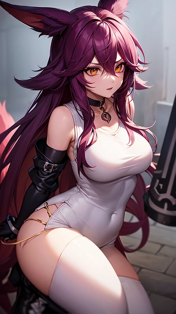 Xayah from League of Legends wearing a white sleeveless shirt, jeans negros, black gothic boots, biker gloves and a black choker around her neck, long magenta hair, gold eyes, Long magenta fox ears in anime style, Madura, shonen, zombie apocalyptic environment, carrying a bat, annoyed, with blood stains on his clothes