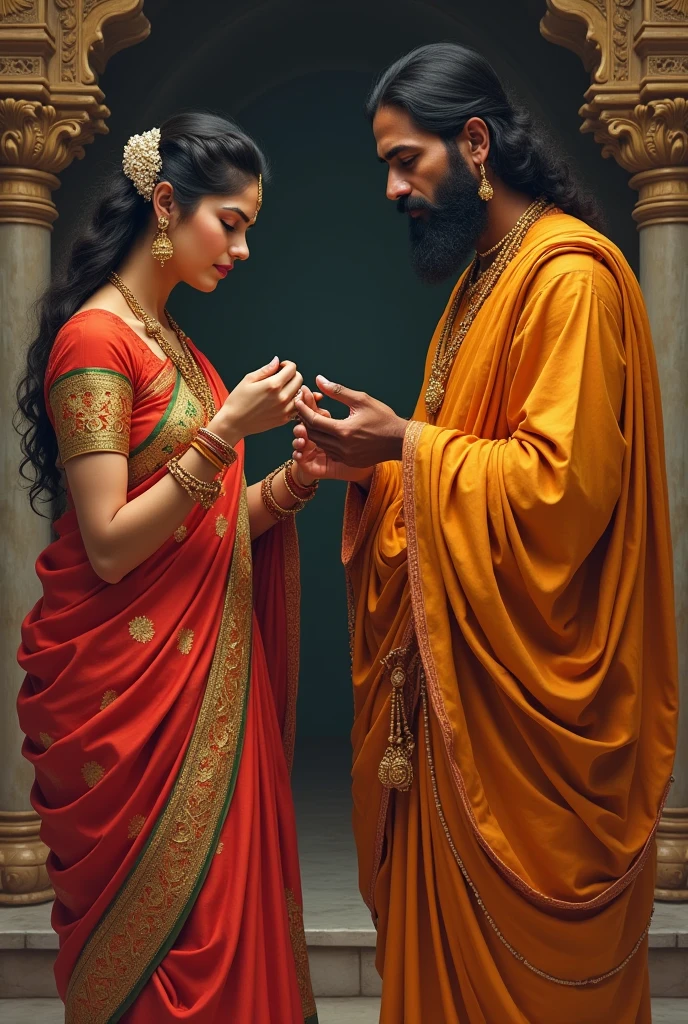 One queen with full saree and looks like bramhana stree and she giving her golden earrings ornaments to one bramhana panitha men with aged 30 years with good body ,she gives her golden earrings to him
