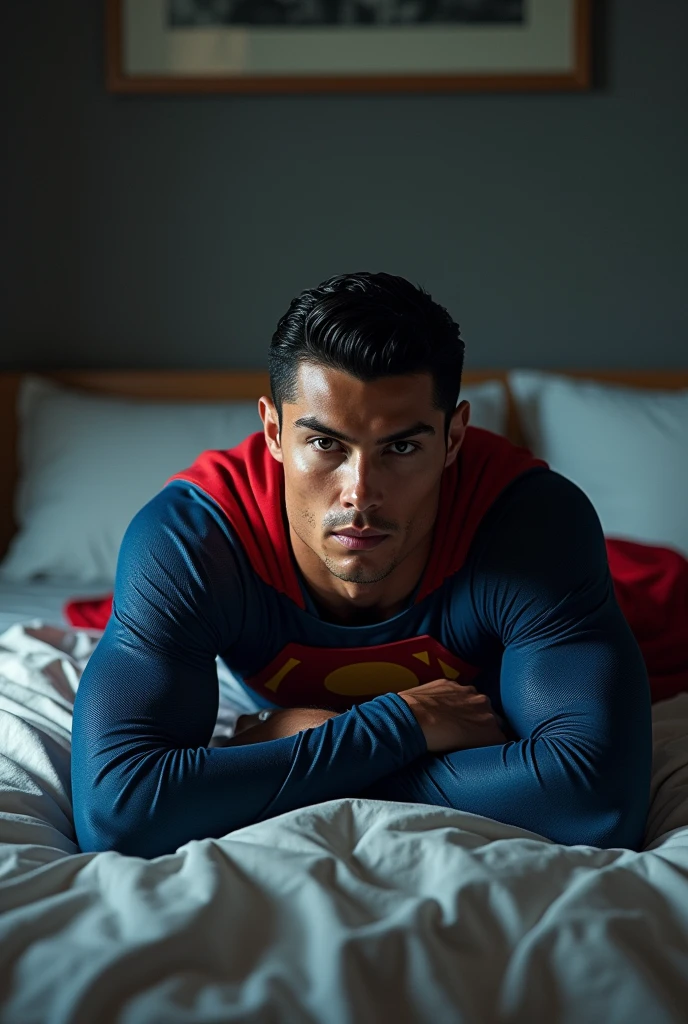 Cr7 of superman tied/lying on a bed, looking to the camera
