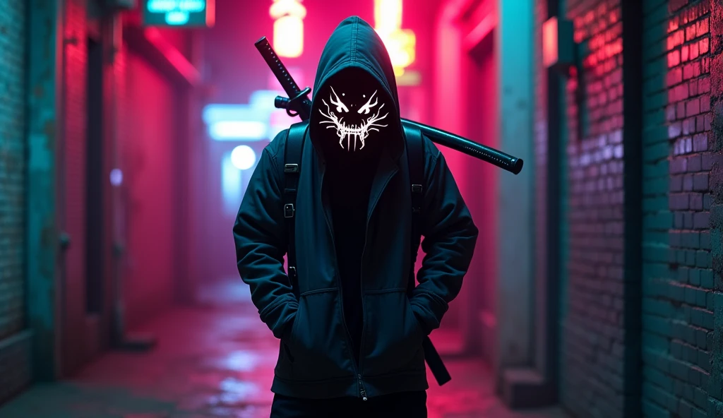 Make a ninja walking down a neon-lit alley while he has his hand in his pocket and an oni mask in his mouth, he has a very large katana on his back with a neon dragon-shaped mask