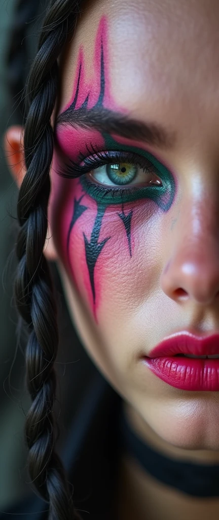 a close up of a woman with tattoos on her face, fractal punk, braid hair, matte painting portrait shot, beautiful female, pink fair skin, she is dressed in shaman clothes, cryptopunk, heavy makeup, 