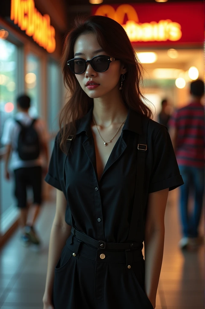 The full body image of a Korean woman is very beautiful and y. Wearing a black shirt, dark glasses, black gap, black overalls, and facing the camera. Filmed people walking into a hamburger shop in McDonald's, Tha Phae Gate branch, Chiang Mai, Thailand.