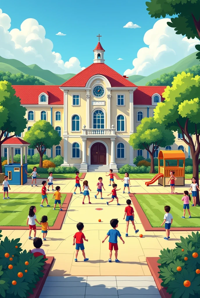 The exterior of the school on a sunny day。Students having fun in the schoolyard。Illustrated style