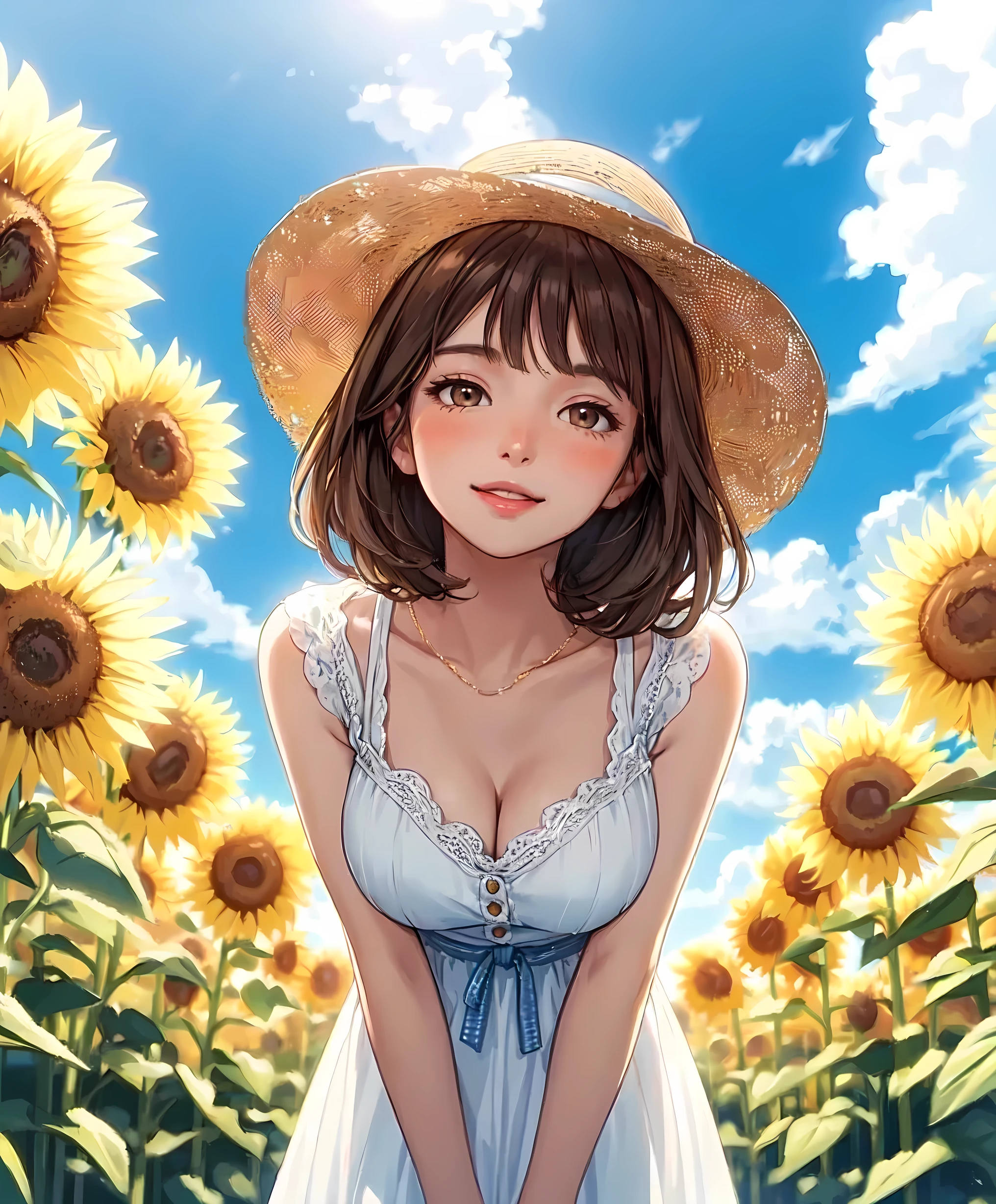 1lady standing, (from below), (leaning forward), stylish outfit (refreshing attire), (sundress) (straw hat), (mature female:0.8), /(brown hair/) bangs, blush kind smile, (masterpiece best quality:1.2) delicate illustration ultra-detailed, large breasts BREAK (vibrant sunflower field) outdoors, blue sky, sunlight, detailed background