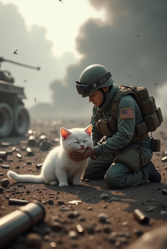 A chubby white kitten unconscious rescued by a medic soldiers, in a battle field and lot of smoke in the surrounding, 3D style
