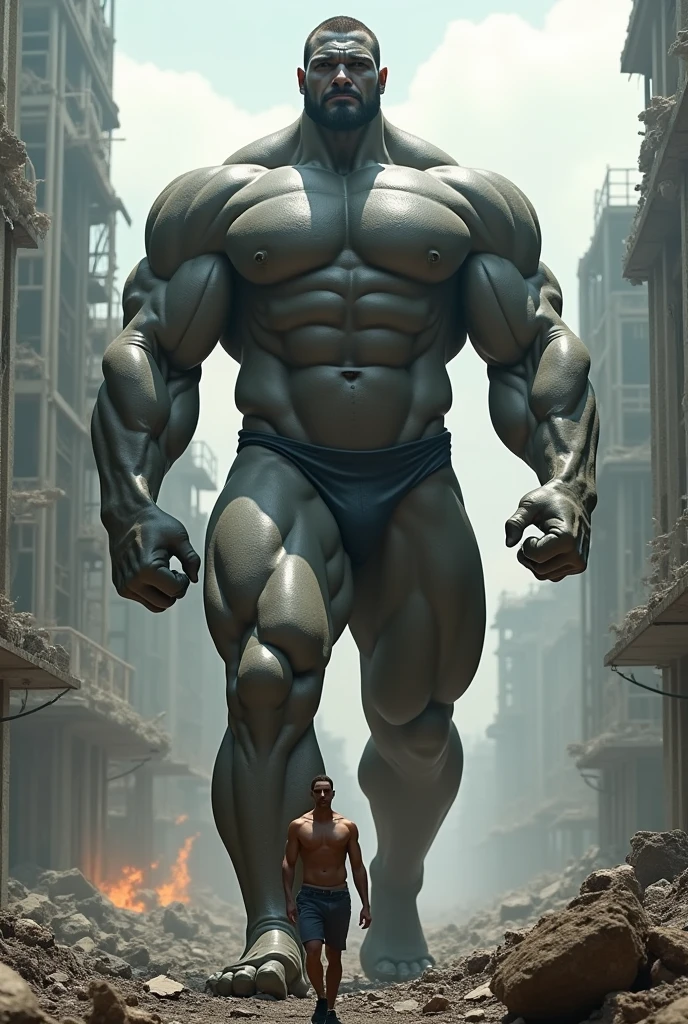 Handsome muscular man with 250 kg in underwear, walking on beach big muscles, big breasts, measures the size of a building, destroying city, muscular, big biceps, It measures 5 meters, muscular legs, mega musculars, He has many muscles, big breasts