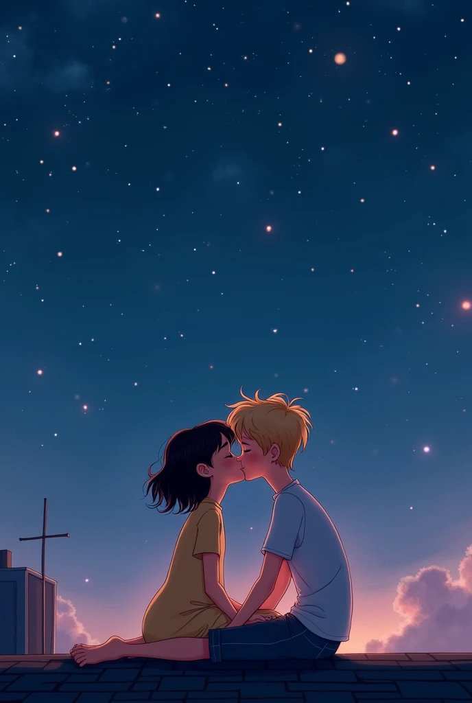Sur cette photo en version Pixar 2D, un couple est assis sur un toit sous le ciel nocturne étoilé. En premier plan, la fille aux cheveux noirs, légèrement frisés avec une frange, et le garçon aux cheveux blonds se tiennent proches, leurs visages éclairés par la lueur douce des étoiles. Ils s'embrassent tendrement, les yeux fermés, perdus dans un moment d'intimité et de douceur. L’arrière-plan est un ciel nocturne paisible, accentuant le contraste entre l'innocence de leur amour et l'immensité de la nuit qui les entoure. Le style Pixar ajoute une touche magique et chaleureuse à cette scène romantique.