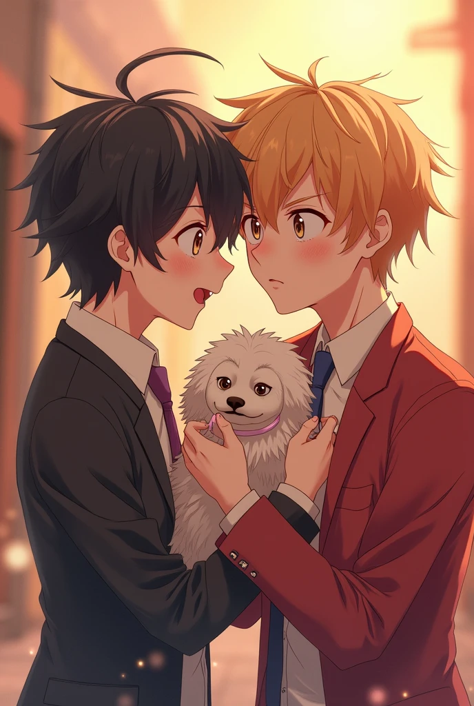 2boy,bungo stray dogs,atsushi nakajima,akutagawa,playful kiss,cute,anime style,detailed facial features,expressive eyes,soft lighting,warm color palette,dynamic composition,highly detailed,masterpiece,vibrant colors,photorealistic