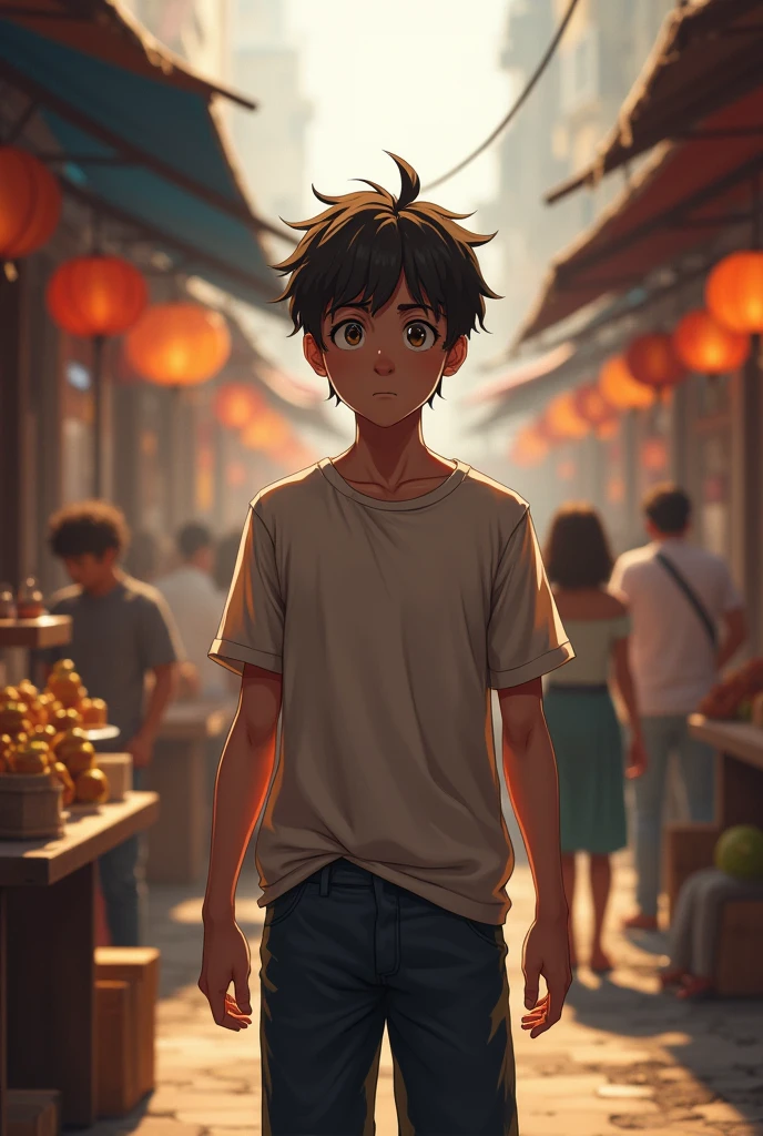 A young man who is  standing in the middle of the market or waiting for someone, his hair is messy, he is wearing half sleeves and pants, he is worried, in the background there is a tea stall or 4 to 5 logs which are blur 