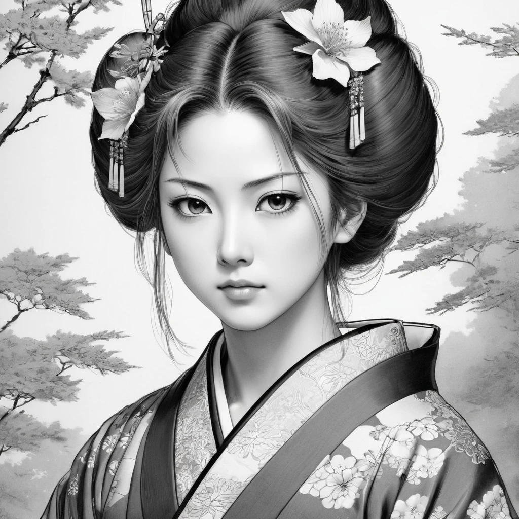 Anime line art, by Naoki Urasawa, sketch, best quality, masterpiece, very aesthetic, perfect composition, intricate details, ultra-detailed, B&W, portrait of Nōhime - Female,  adult, around 16-1,ife of Nobunaga, daughter of Saitō Dōsan. She wears an elegant, colorful kimono with floral patterns, reflecting her noble status and beauty. Her face is delicate, with soft features, large almond-shaped eyes, and a gentle, composed expression. Her hair is long, black, and styled in an intricate traditional fashion, possibly adorned with hairpins or flowers. She has a slim, graceful build, with an aura of refinement and poise.