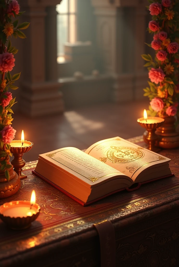 "A sacred and ancient scene featuring the Bhagavad Gita and a Purana placed on a beautifully ornate altar. The Bhagavad Gita is open, with its pages glowing with divine light, emanating wisdom. The Purana lies beside it, adorned with intricate golden designs and sacred symbols. The altar is decorated with traditional Indian motifs, surrounded by gently burning oil lamps (diyas) and fragrant garlands of flowers. The background is a serene temple interior, with soft, warm light filtering through, creating an atmosphere of reverence and spirituality. The entire scene reflects the timeless nature of these sacred texts, with an aura of divine wisdom and tranquility."