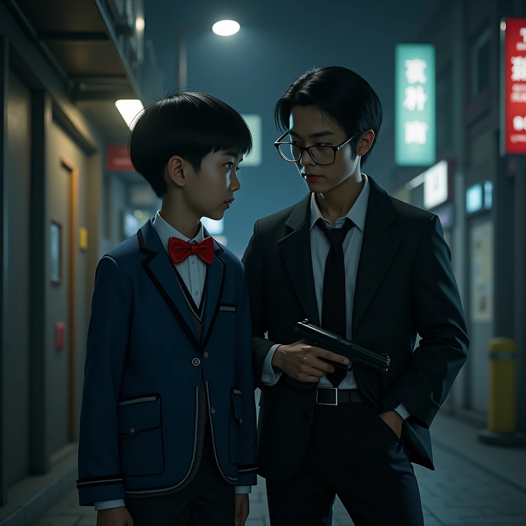 Boy　Looks like a child　Asian　Primary school students　Blue jacket　Red bow tie　Glasses　Detailed clothing　City of night　Next to me was a man in a black suit.　pistol　Suspicious expression　