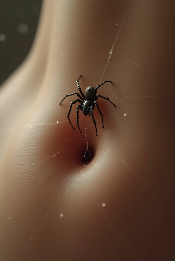 A small, life-sized spider slowly descending on its web toward a female belly button. The spider should be highly detailed and realistic, with its thin legs and delicate body clearly visible. The web should be fine and almost transparent, subtly standing out against the background. The female navel should be in focus, with sharp details such as the navel and the texture of the stomach. The scene should convey a sense of closeness and tension, capturing the moment as the spider approaches the navel