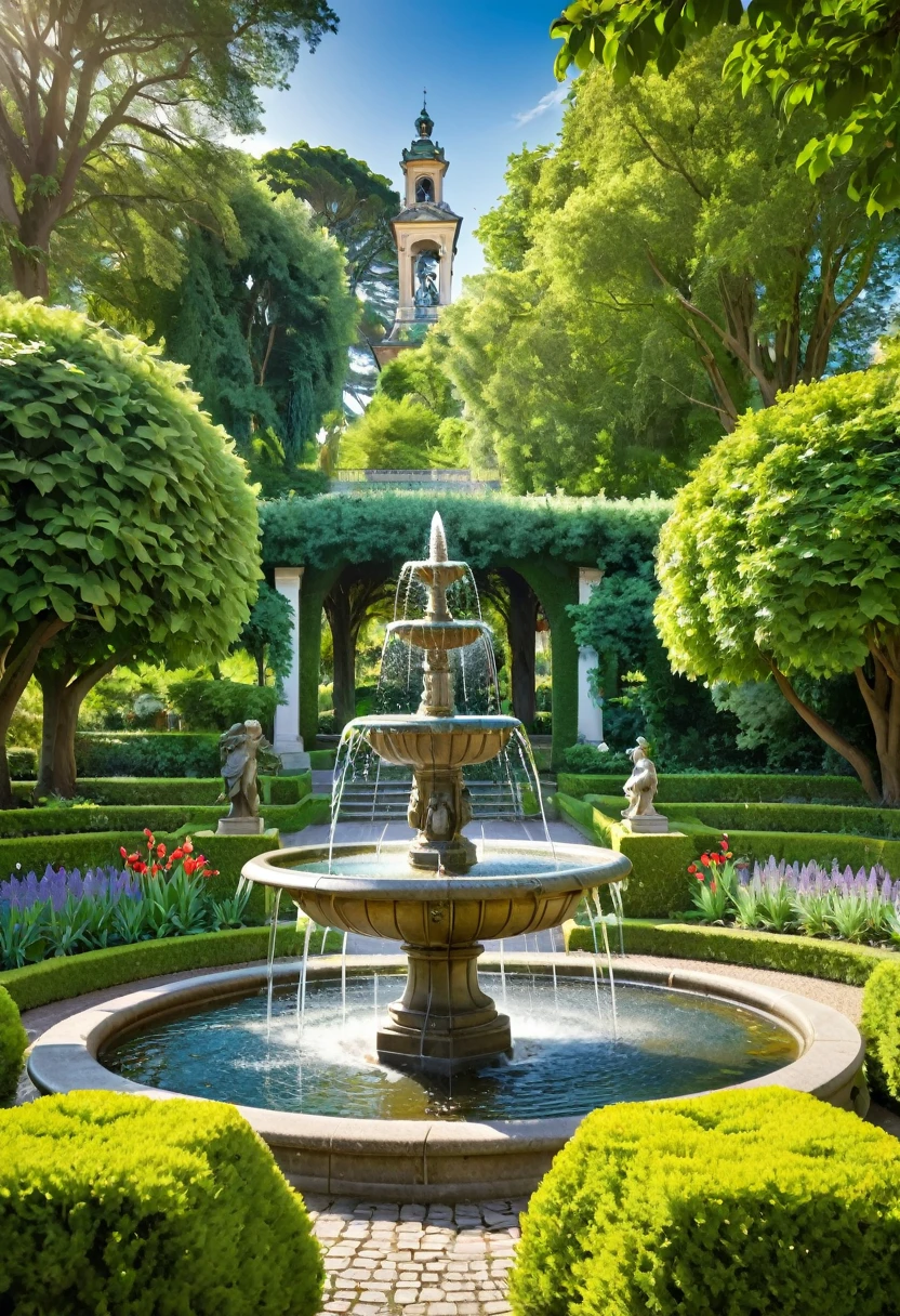 Gardens of the upper classes,Beautiful landscaped gardens,Fountain and statue