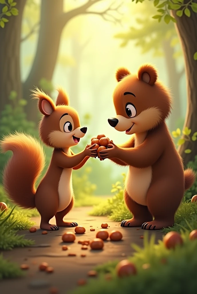 The squirrel handing nuts to the bear, both enjoying the moment and smiling.