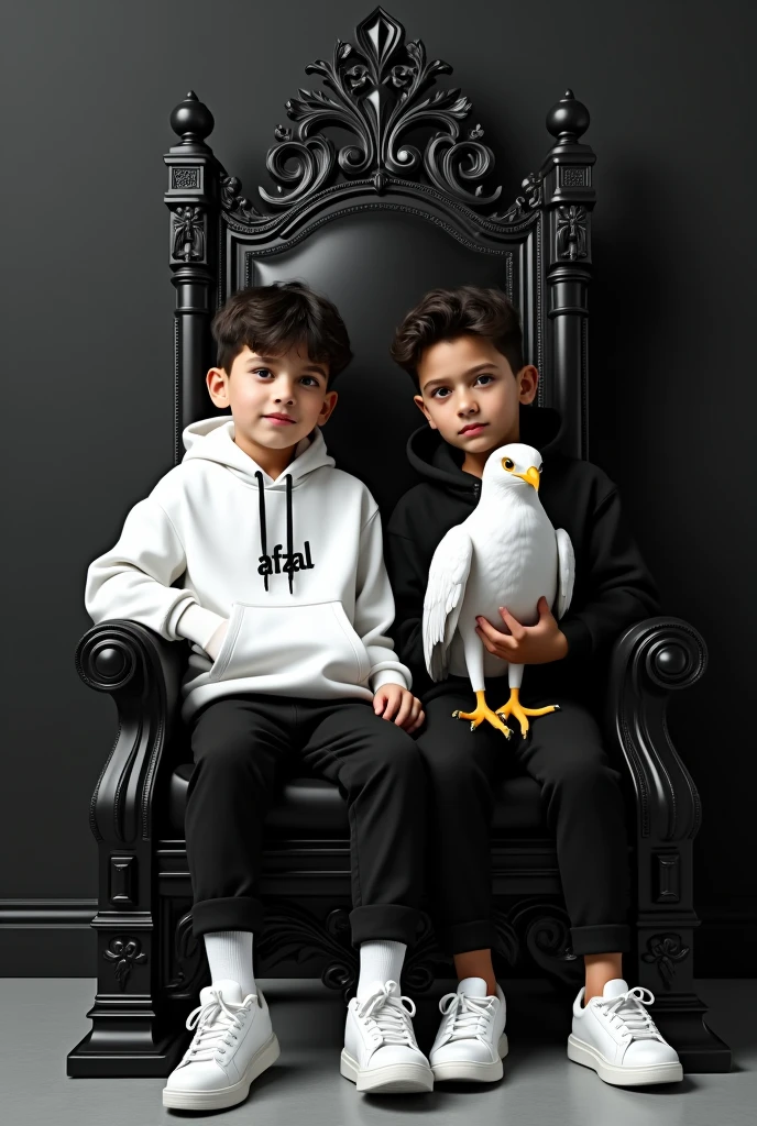 A 2 boy sits in a black and white king chair against a black wall, holding a white falco. He's dressed in a 3D white "AFZAL" a white hoodie, black pants, white shoes, and sunglasses. This vibrant and stylish scene exudes confidence and modern fashion.