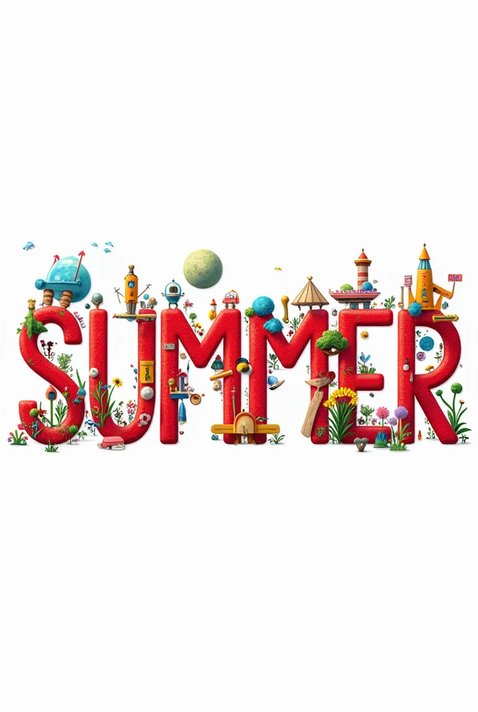 Text that says "summer" but each letter is made up of images of toys, spaceships, microscopes, planets, pencils, colors, Brushes, notebooks, books, and more objects for boys and girls and that it is in the form , in a single line, red letters, White background