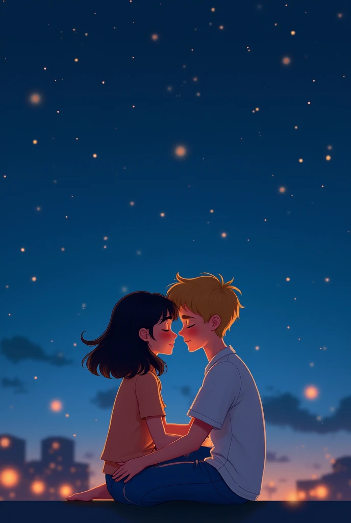 Sur cette photo en version Pixar 2D, un couple est assis sur un toit sous le ciel nocturne étoilé. En premier plan,bien grand,la fille aux cheveux noirs, légèrement frisés avec une frange, et le garçon aux cheveux blonds se tiennent proches, leurs visages éclairés par la lueur douce des étoiles. Ils s'embrassent tendrement, les yeux fermés, perdus dans un moment d'intimité et de douceur. L’arrière-plan est un ciel nocturne paisible, accentuant le contraste entre l'innocence de leur amour et l'immensité de la nuit qui les entoure. Le style Pixar ajoute une touche magique et chaleureuse à cette scène romantique.