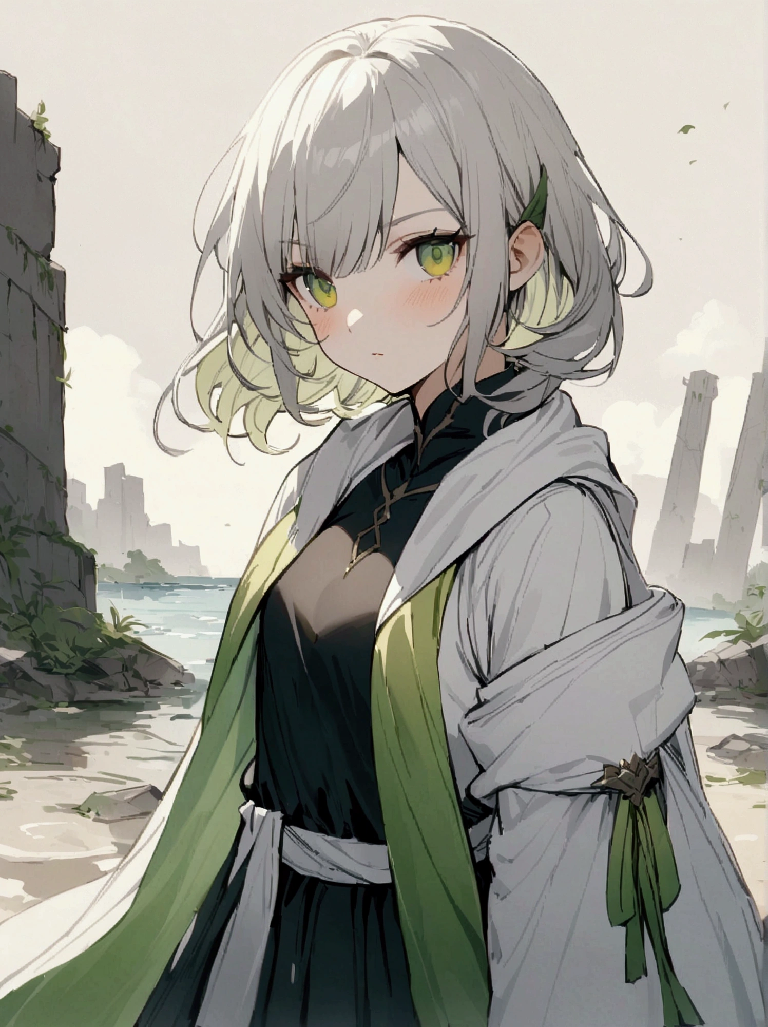 High resolution,Girl,water,ruins,Yellow-green eyes,Silver Hair,mysterious