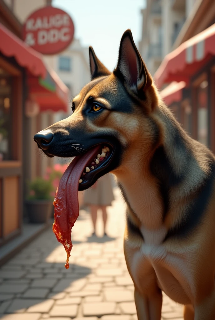A dog, panting, looking over its shoulder at a distant shop, with a piece of meat dangling from its mouth. Hyper realistic ultra hd