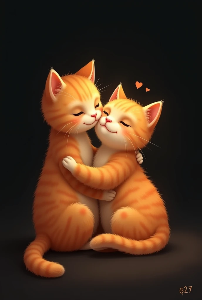 Two orange cats hugging in small size with full black color background and age in centre in small size
