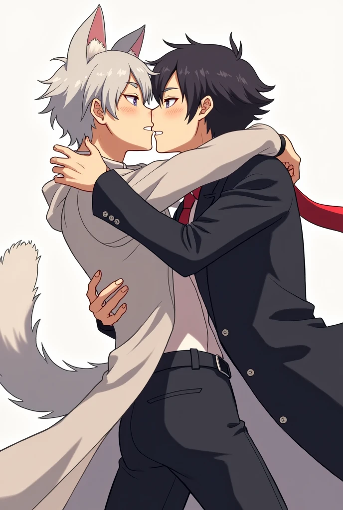 atsushi and akutagawa from bungo stray dogs playfully kissing. Draw them as they are depicted visually in the Bungo Stray Dogs anime. 