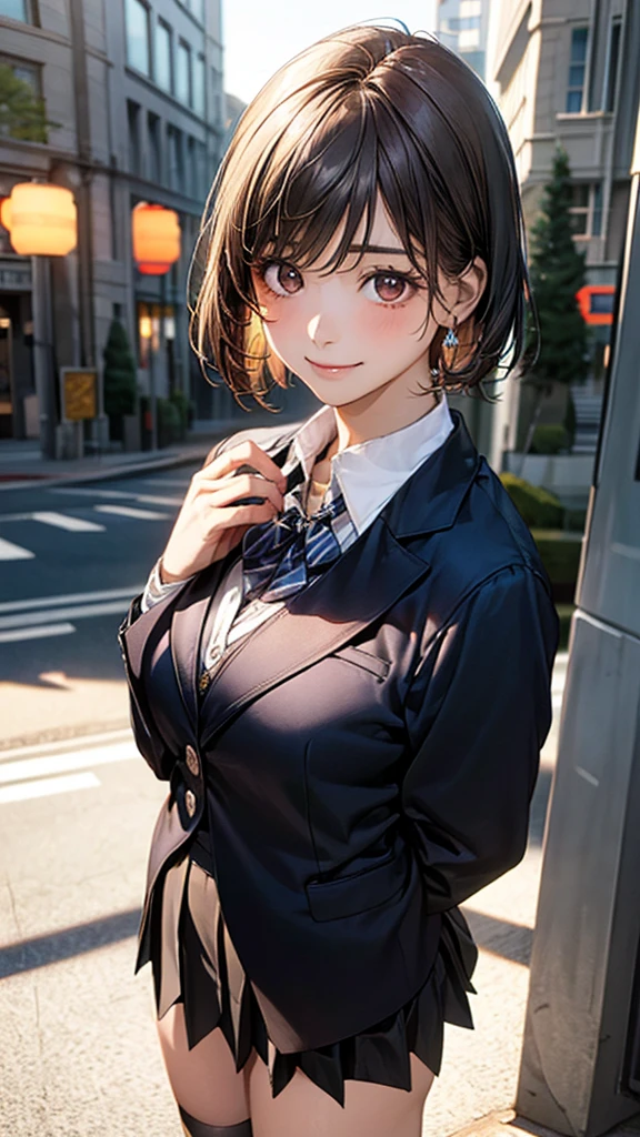 (masterpiece:1.2, Highest quality), (Realistic, photoRealistic:1.4), Beautiful illustrations, (Natural Side Lighting, Cinema Lighting),
View your viewers, Cowboy Shot, Front view, 1 person, Japanese, high school girl, Perfect Face, Cute and symmetrical face, Glowing Skin,
(short hair:1.2, Bobcut:1.2, Brown Hair), Swept-apart bangs, Dark brown eyes, Long eyelashes, (Large Breasts:0.6, Captivating thighs),
Beautiful Hair, Beautiful Face, Beautiful attention to detail, Beautiful clavicle, Beautiful body, Beautiful breasts, Beautiful thighs, Beautiful feet, Beautiful fingers,
(((Black blazer, Close Blazer), White collared shirt with long sleeves, Black pleated skirt, Black socks)),
(Beautiful views), evening, street, Are standing, (Cute smile, Upward glance),