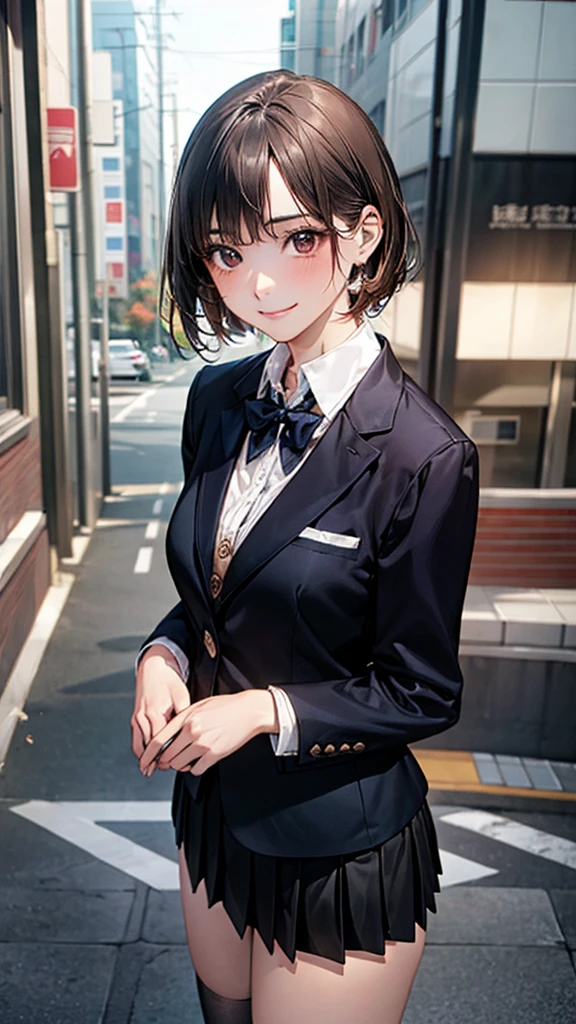 (masterpiece:1.2, Highest quality), (Realistic, photoRealistic:1.4), Beautiful illustrations, (Natural Side Lighting, Cinema Lighting), 
View your viewers, Cowboy Shot, Front view, 1 person, Japanese, high school girl, Perfect Face, Cute and symmetrical face, Glowing Skin, 
(short hair:1.2, Bobcut:1.2, Brown Hair), Swept-apart bangs, Dark brown eyes, Long eyelashes, (Large Breasts:0.6, Captivating thighs), 
Beautiful Hair, Beautiful Face, Beautiful attention to detail, Beautiful clavicle, Beautiful body, Beautiful breasts, Beautiful thighs, Beautiful feet, Beautiful fingers, 
(((Black blazer, Close Blazer), White collared shirt with long sleeves, Black pleated skirt, Black socks)), 
(Beautiful views), evening, street, Are standing, (Cute smile, Upward glance), 