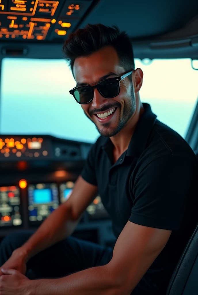 (photorealism:1.2), handsome tanned man, black hair, short beard, smiling, sexy brazilian, slim, , Photorealistic, 8k, highly detailed, cinematic lighting, vivid colors, in airbus cockpit, black polo shirt and black pants with rayban