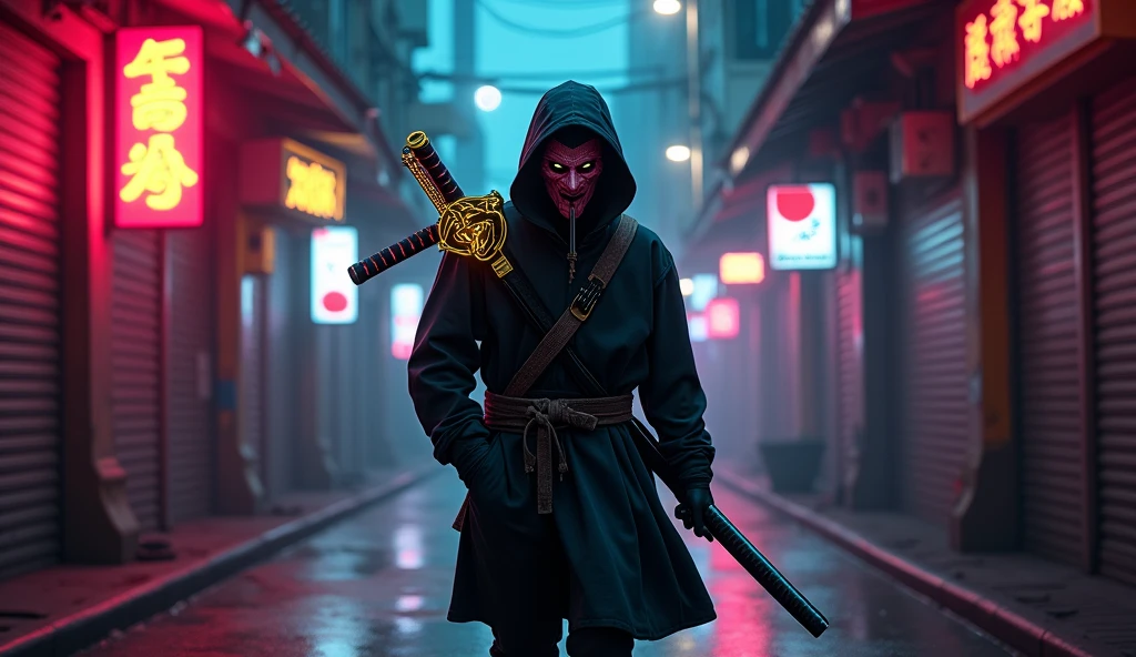 Make a ninja walking down a neon-lit alley while he has his hand in his pocket and an oni mask in his mouth, he has a very large katana on his back with a neon dragon-shaped mask, make him walk backwards with the camera angle from bottom to top and the giant katana on his back with a dragon shape with a yellow neon