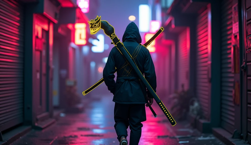 Make a ninja walking down a neon-lit alley while he has his hand in his pocket and an oni mask in his mouth, he has a very large katana on his back with a neon dragon-shaped mask, make him walk backwards with the camera angle from bottom to top and the giant katana on his back with a dragon shape with a yellow neon
