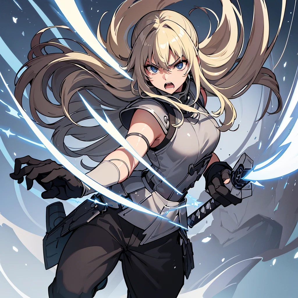 ((((Solo))))、Best illustrations、Best Quality、(Full body character concept、Character Design)、(((Grey Armor、Black trousers、Black gloves))、(woman、1)、(Blonde、Long Hair)、(Get Ready、sword、Deathblow、swordを掴む)、(get annoyed、Open your mouth)、(Particles of light, White Aura、The magic of light)、Dramatic Angle、(White background)、(front)、Dynamic Angle、Run、early、From below