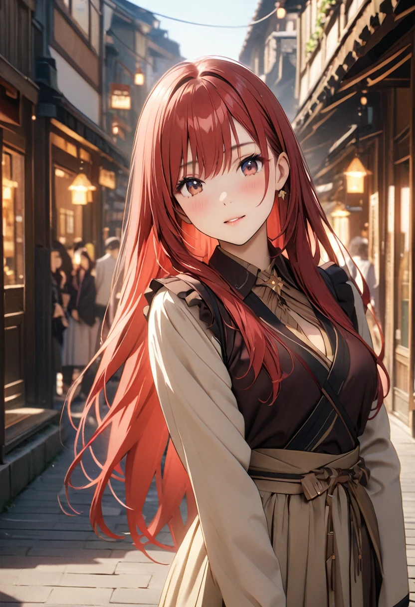 (Highest quality、4K、8k、High resolution、masterpiece:1.2)、Very detailed、Picturesque、Animated Photography、Photo Animation:1.37)、(((Fantasy)))、Bard、Japanese women、red hair、long hair、stars ornament、Nakano May