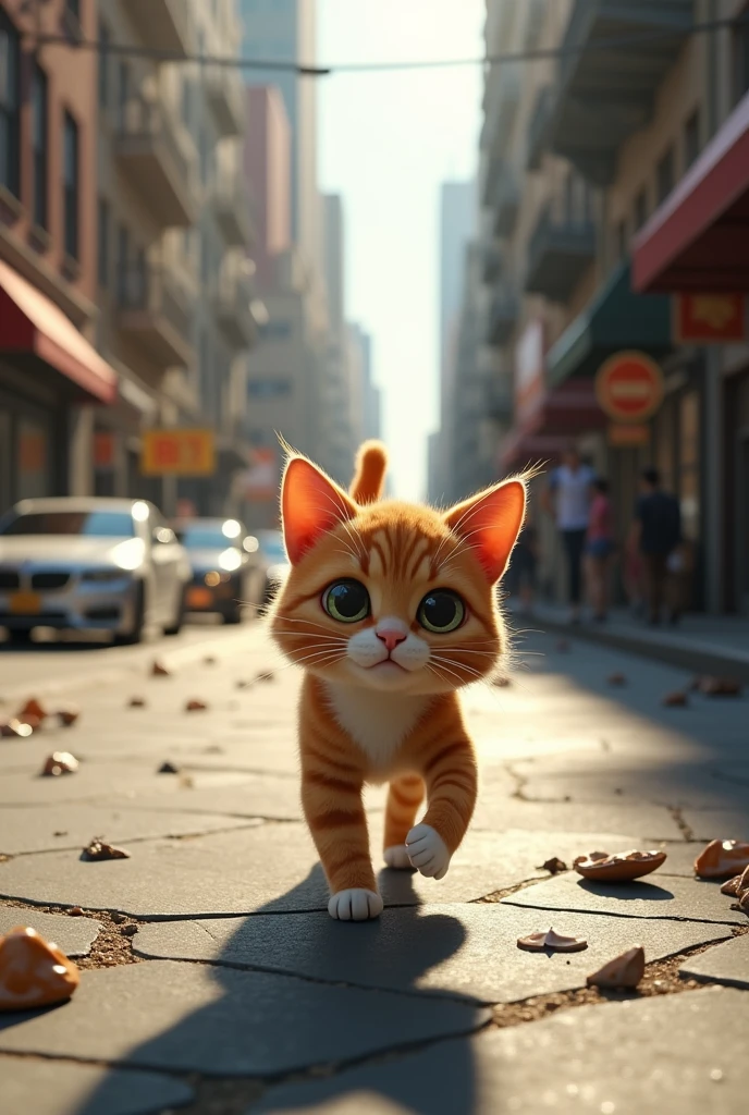 A cat is walking in the street 3d