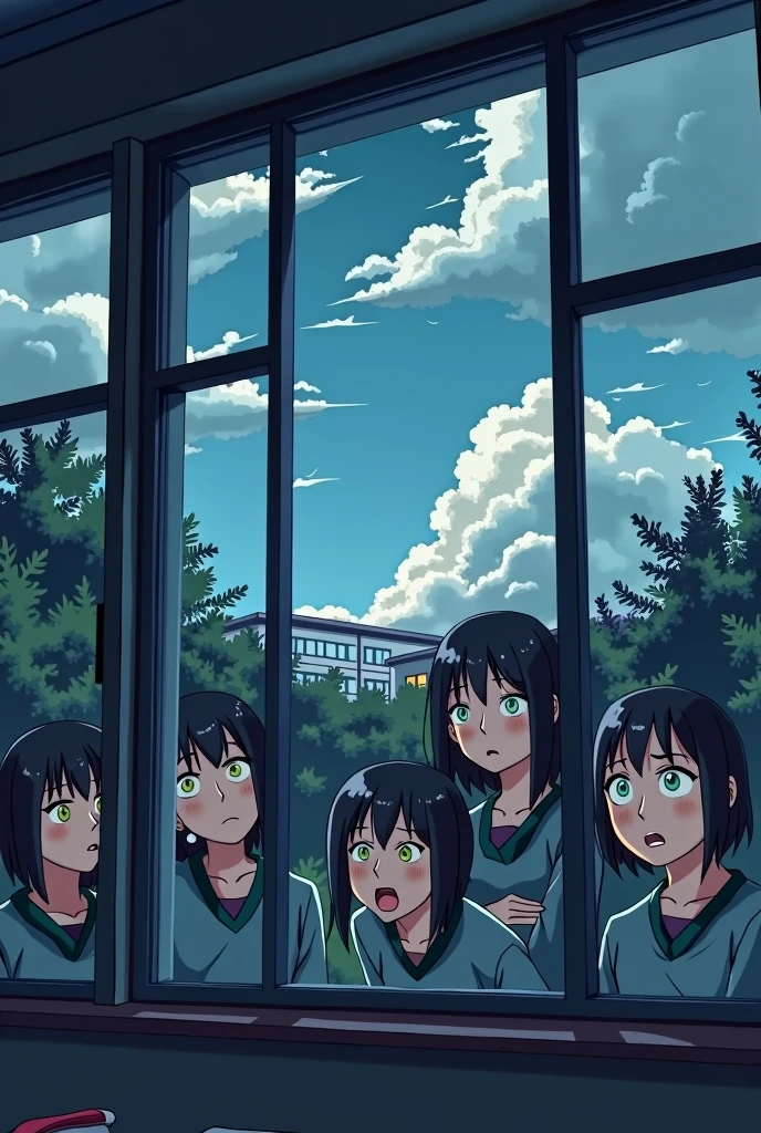 Suddenly the sky turns cloudy。The anxious faces of students reflected in the school windows。Illustrated style。