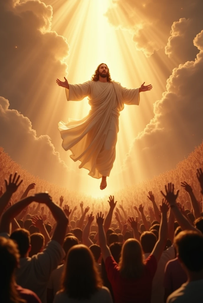 Jesus descending from heaven smiling and a large crowd rejoicing