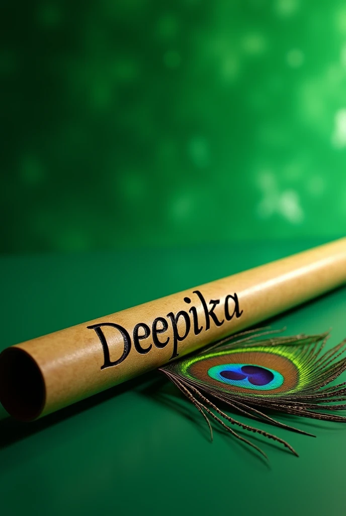 Deepika name on a flute with a piece of peacock feather in a glossy effect and green background 
