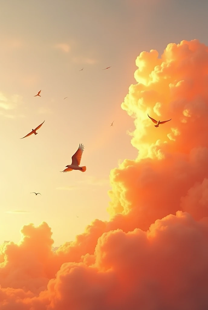 A beautiful Aesthetic orange clouds and some birds flying