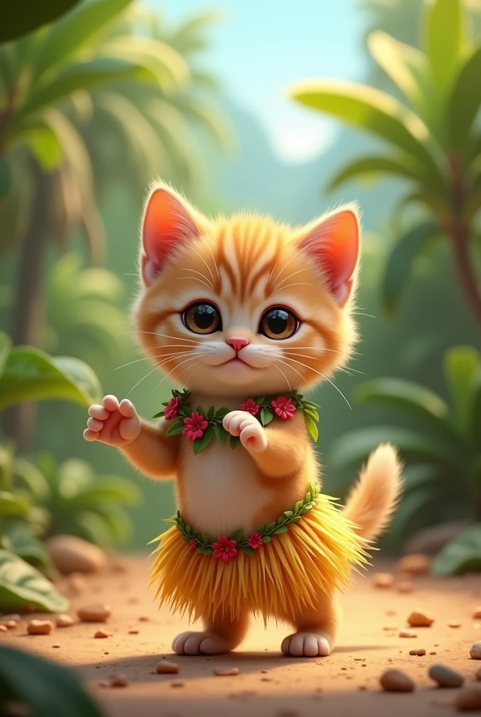 A small kitten standing on its front paws, facing forward.。
Big eyes with a cute, human-like expression。Slightly larger head than body。limbs are short。A fluffy, large tail。
Hula Dance Clothing。Glossy texture。
The background is Hawaii