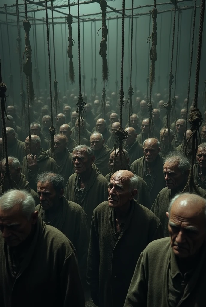 Generate a photo lots of old mans hanged at once