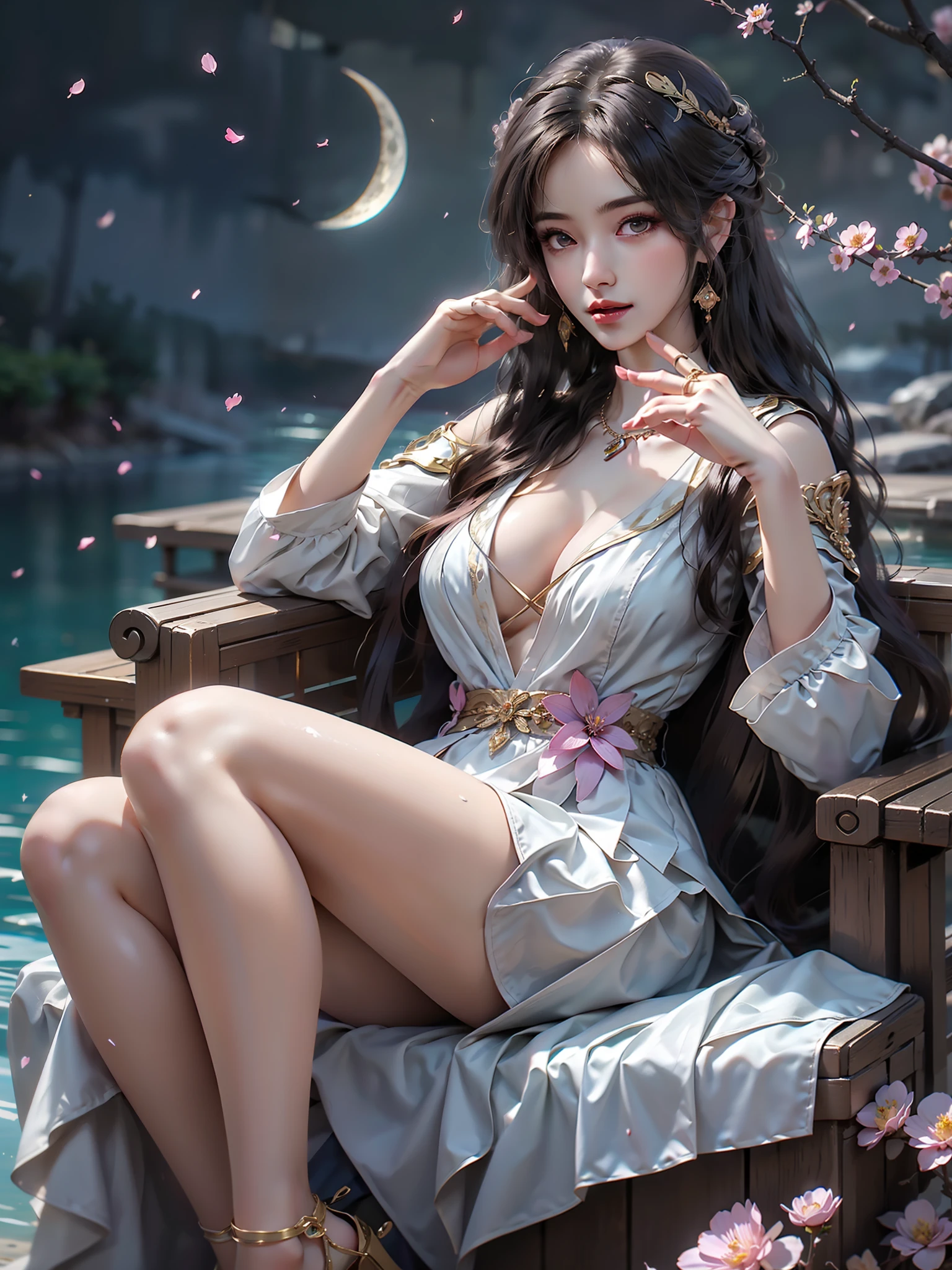 Yunxi((Girl lying in the pool))、((night,moonlight)),She gently lifted her skirt with one hand,Make gentle and playful gestures,((Lots of flowers瓣)), Lots of flowers,Petals scattered all over the ground,Cherry tree,Petals are flying all over the sky,Beautiful and charming woman, Elegantly, Her plump breasts are fully exposed.,Visible cleavage,The skirt is short,Natural legs,Sexy legs,Legs in a natural position,Shapely legs,Legs in natural light,Smooth skin,Slender and lovely beauty, Eyes sparkling,Her skin is flawless。Her curves are highlighted。Shine in the light,The color is pastel,She lay confidently,Elegant posture。Elegant heels,The atmosphere of the whole photo is peaceful and positive,Emphasis on natural beauty and elegance, Studio Lighting,Vibrant colors, Cute girl, sweet smile, Exquisite makeup,Shy,blush,open mouth,Heavy breathing,moan,超realism,realism,Movie Lighting,Comfort,Sony FE GM,Retina,masterpiece,precise,Anatomically correct,Textured Skin,Super Detail,High Detail,best quality,Colorful
