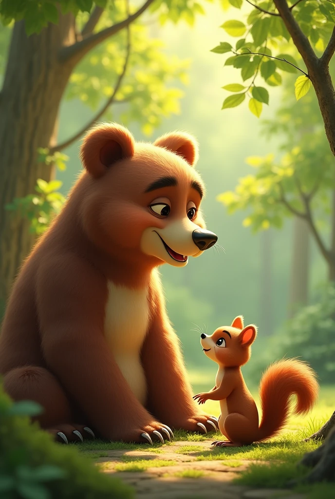 The bear smiling warmly at the squirrel, showing a heartfelt connection.