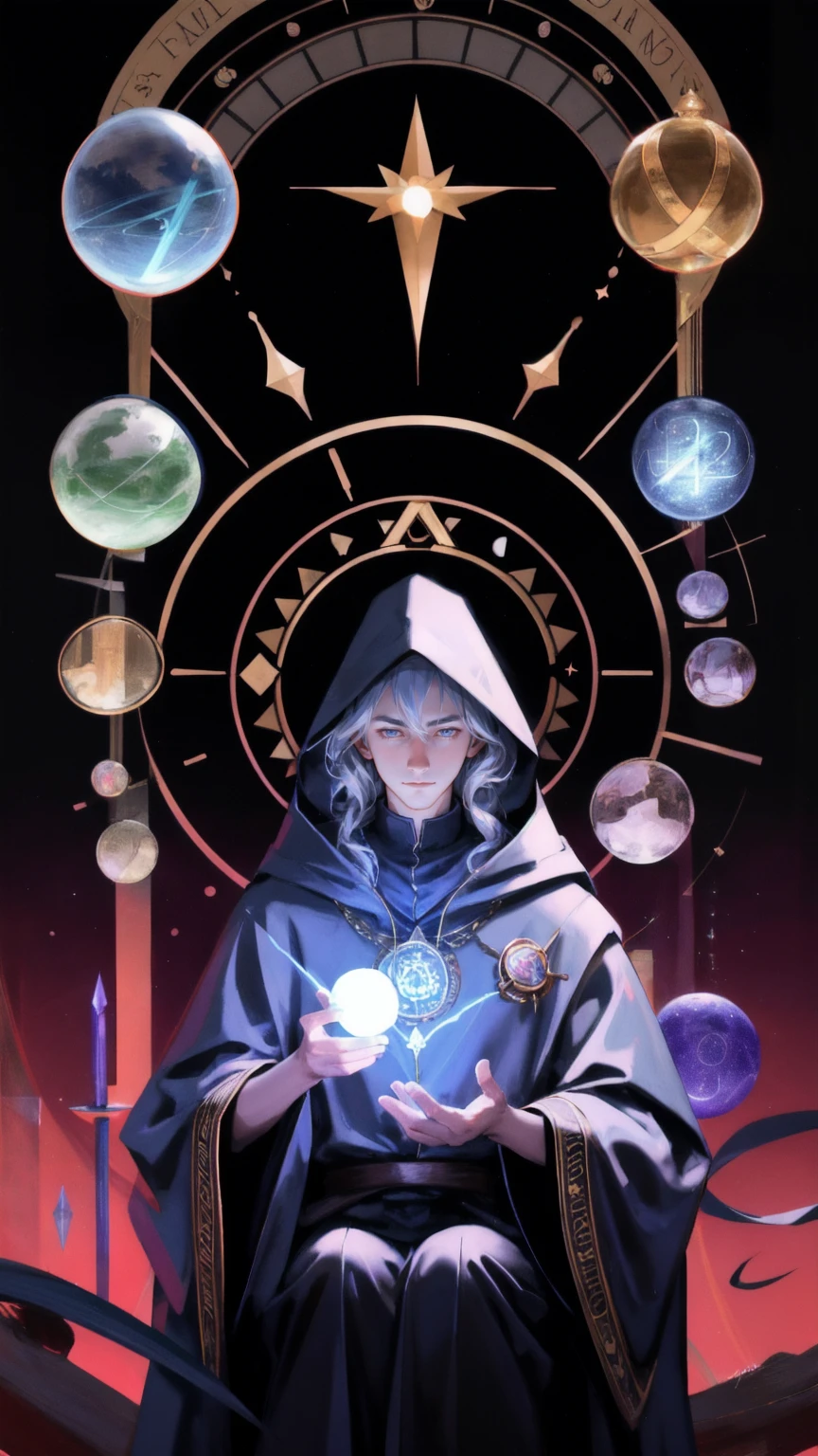 arafed image of a wizard with a magic wand and a lot of symbols, typical cryptocurrency nerd, 2 1 st century monk, an arcane wizard casting a spell, the wizard, wizard pondering his orb, an alchemist gnome, masonic art, an alchemist, joe biden as a hooded arch mage, etheric, full portrait of electromancer, paul laffoley the background is brwon.