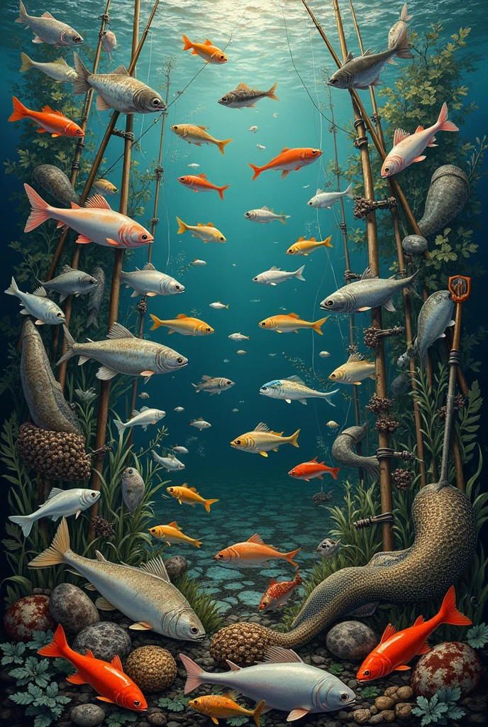 A hundred of any fishing items, one hundred of any freshwater fish, in one big picture means completeness, absence of a person, only items, arranged in a chaotic manner