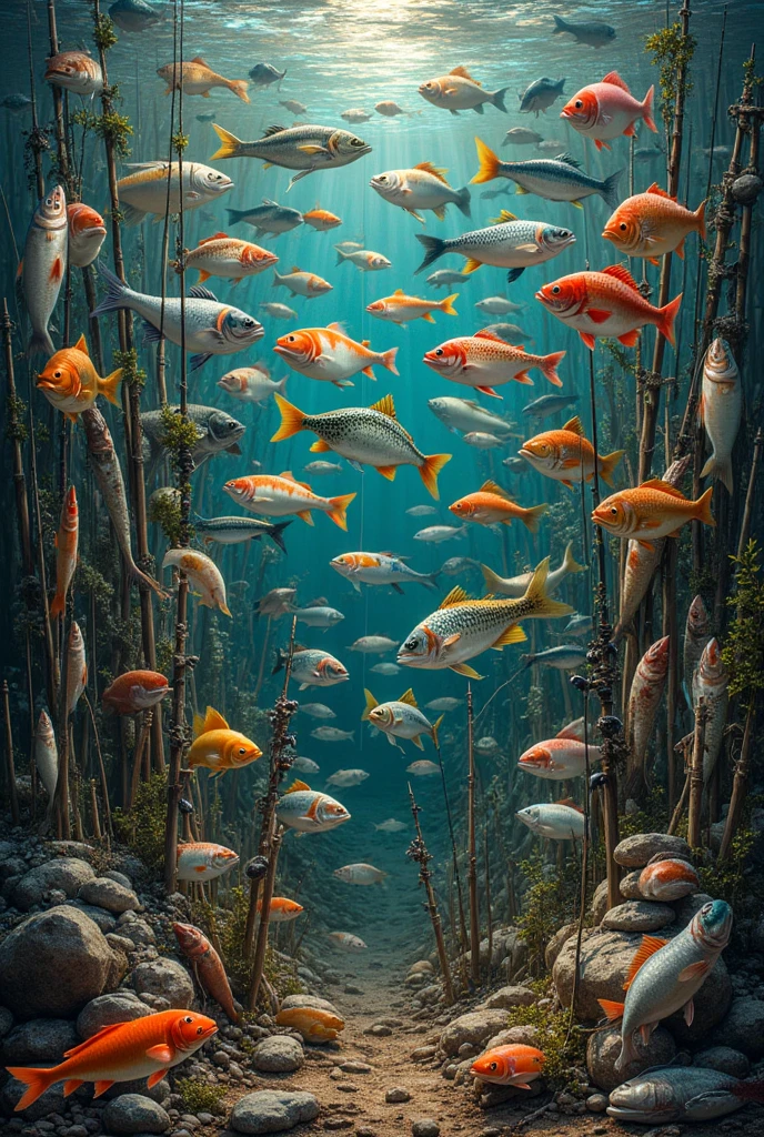 A hundred of any fishing items, one hundred of any freshwater fish, in one big picture means completeness, absence of a person, only items, arranged in a chaotic manner