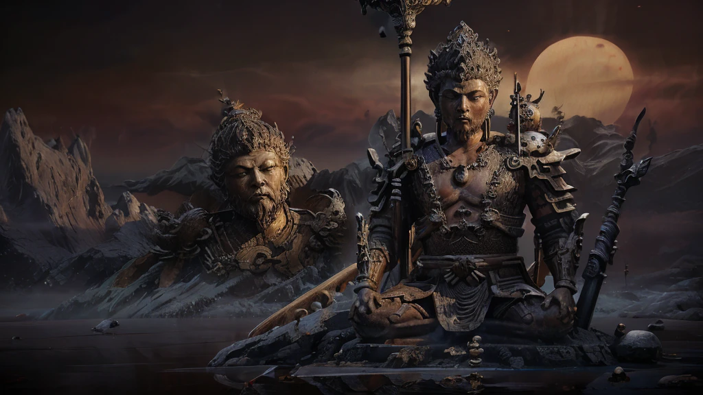 The huge Buddha statue made of water is gazing at the very tiny Sun Wukong，Black Myth Wukong Character，Wearing complicated armor，Swinging the Golden Cudgel，Jump up handsomely，After all the hardships，Stand in front of the Buddha statue，Sense of giants，Movie Feel，Lake fog，Perfect composition，close up，Shock