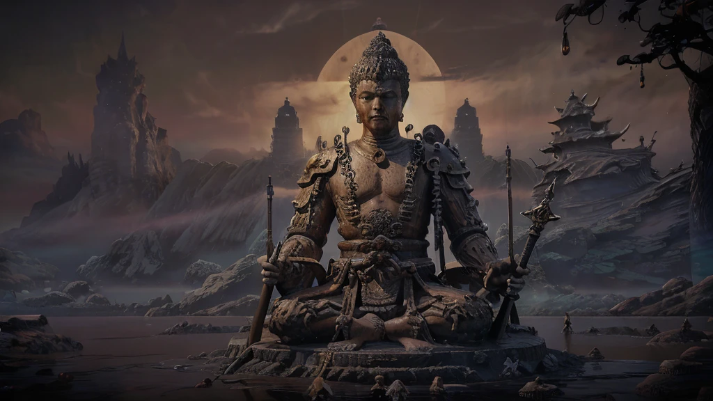 The huge Buddha statue made of water is gazing at the very tiny Sun Wukong，Black Myth Wukong Character，Wearing complicated armor，Swinging the Golden Cudgel，Jump up handsomely，After all the hardships，Stand in front of the Buddha statue，Sense of giants，Movie Feel，Lake fog，Perfect composition，close up，Shock